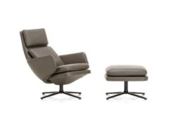 Vitra Grand Relax Chair & Ottoman Leather Umbra Grey Basic Dark Metal Base
